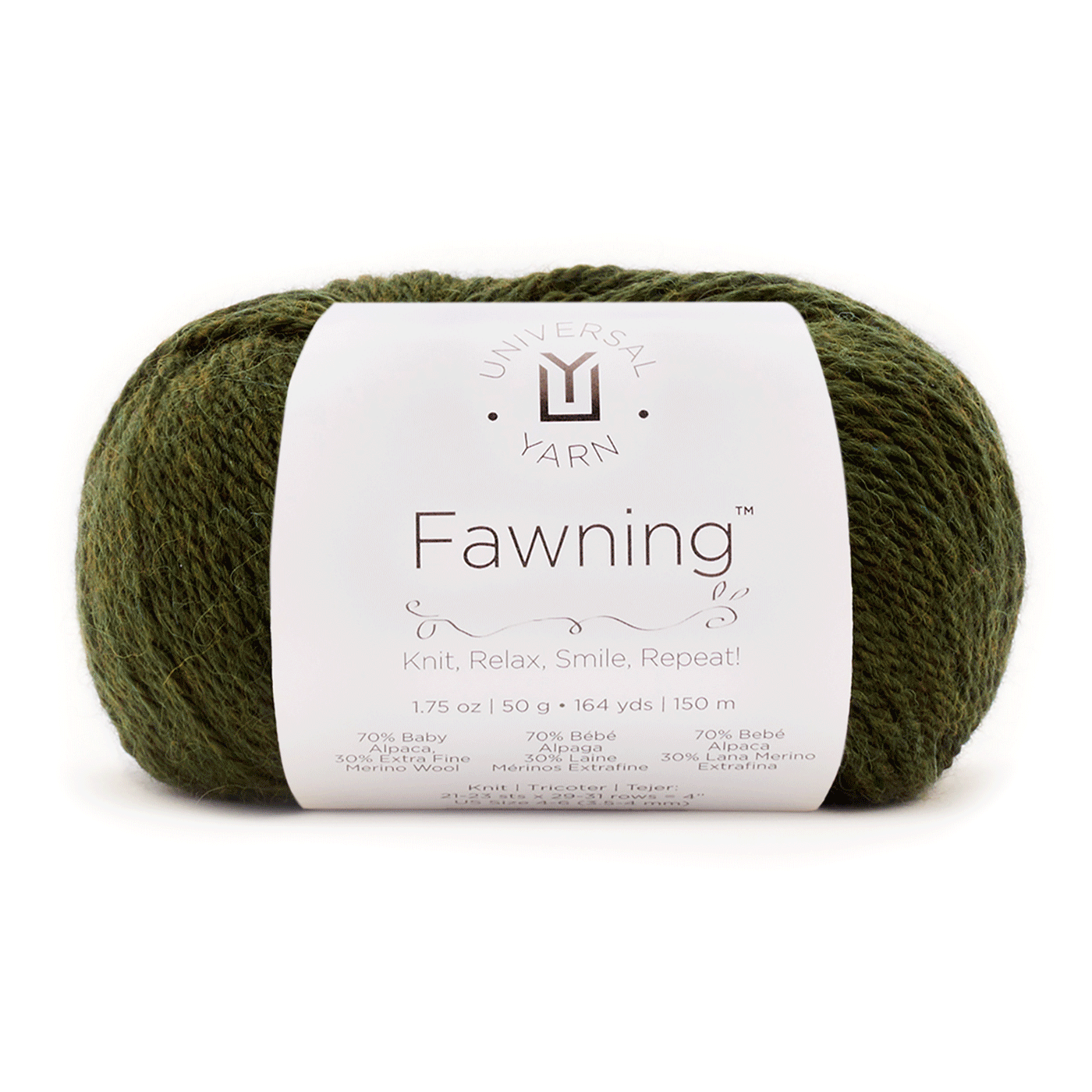 A skein of Universal Yarn Fawning in green color with a label showing fiber content and information.