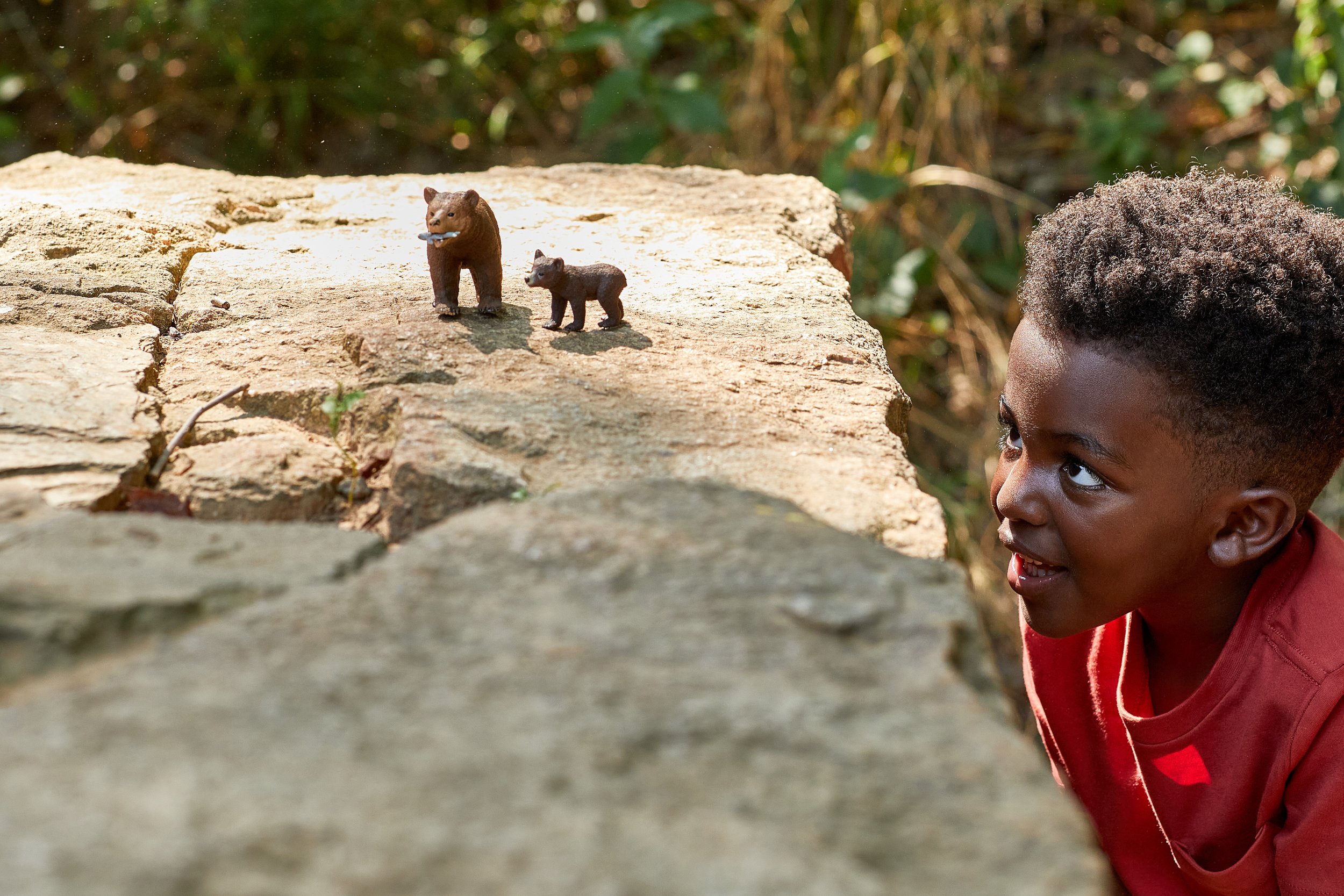 Child looking at toy bears on a rock