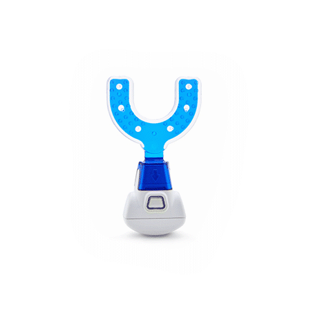 Electric toothbrush with blue U-shaped silicone head and white handle.