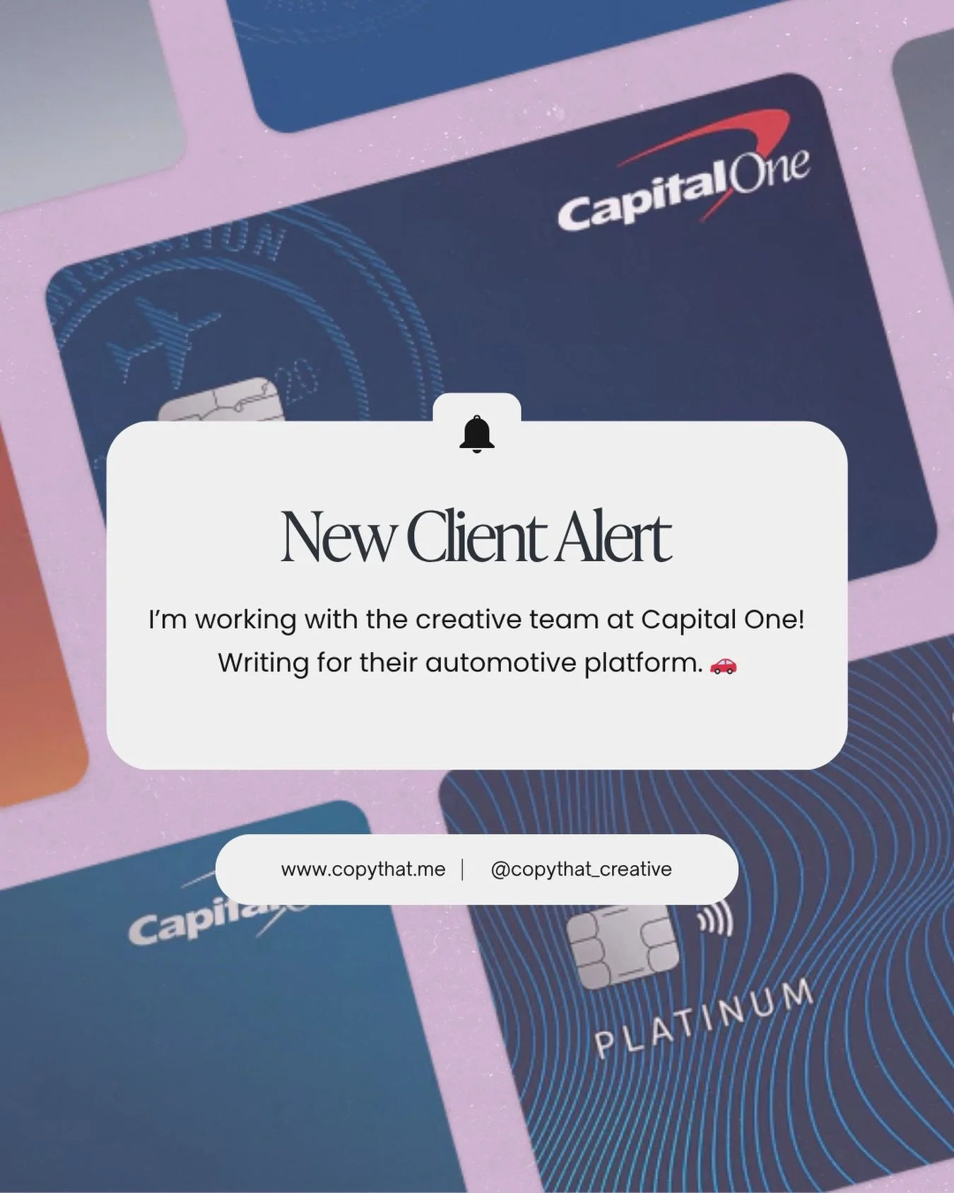 Big news 🫶 I&rsquo;m officially working with the amazing Creative team at @capitalone! 

I&rsquo;ll be writing for their automotive software platform, aka helping dealers get better leads. 

Emails, websites, pitch decks, speaker applications, socia