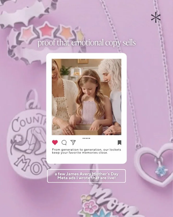 A few Meta ads I wrote for @jamesavery are officially live! Getting to bring their Mother&rsquo;s Day storytelling to life was such a full-circle moment.

If you&rsquo;ve ever wanted your brand to evoke a feeling, not just say something&hellip; you k