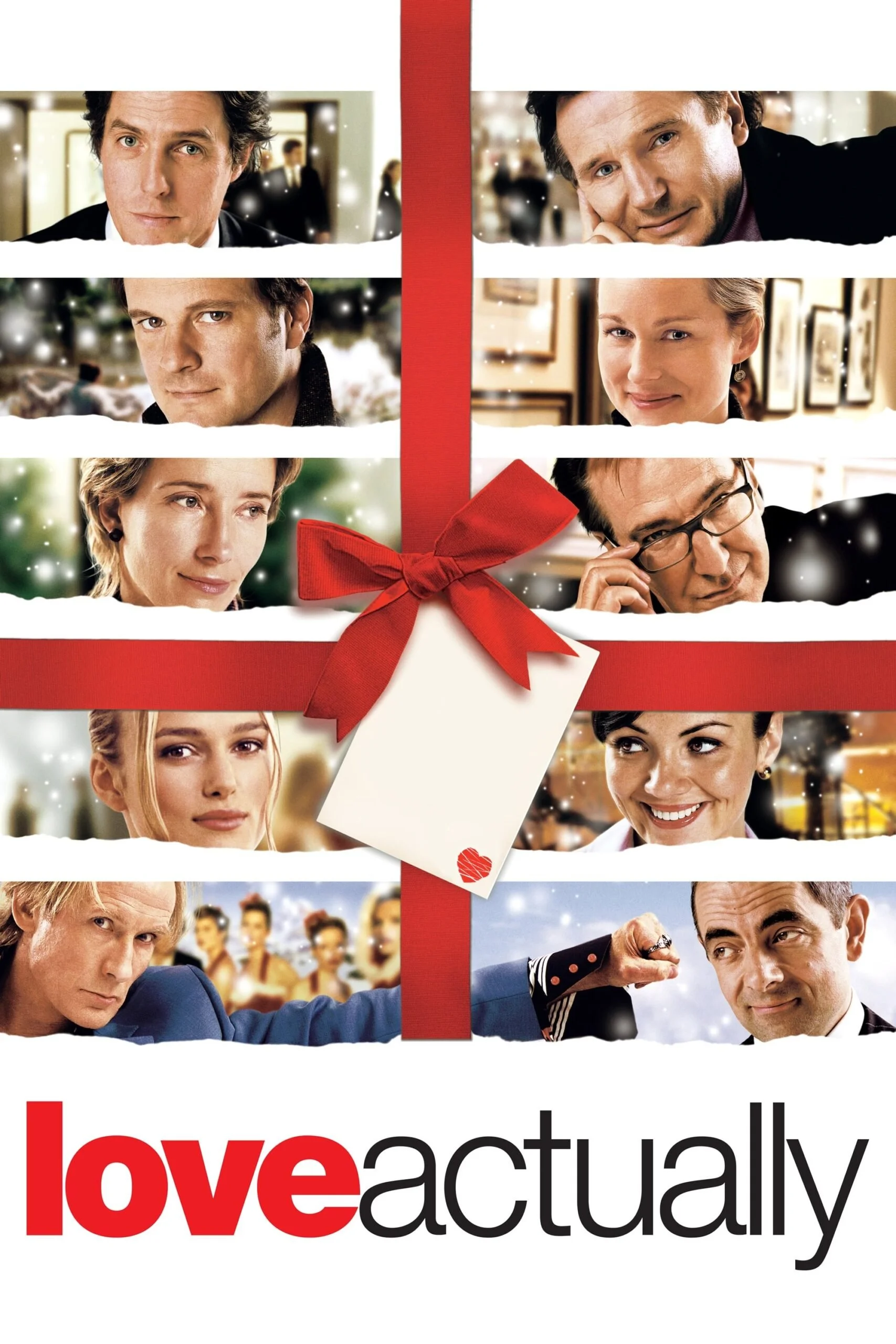 A collage of nine people occupying horizontal strips, with a red ribbon and bow across the center. The title "love actually" in red and black at the bottom.