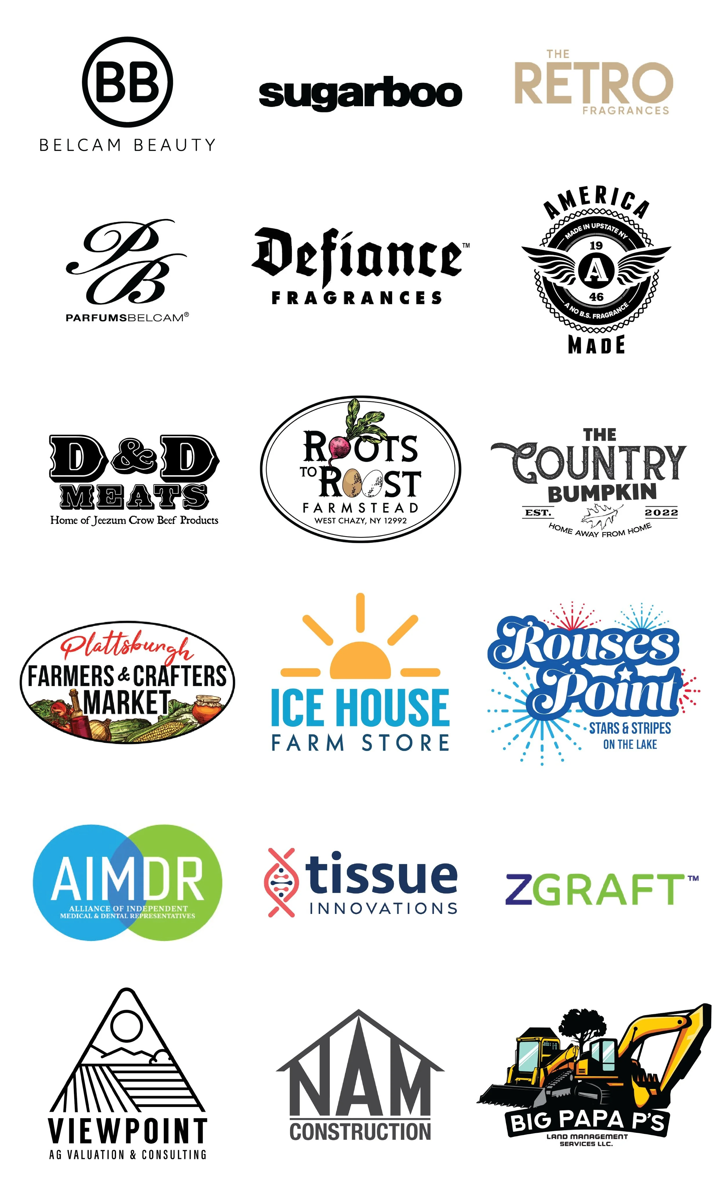 Collection of various business logos including beauty, fragrance, farm, construction, medical, and machinery companies.
