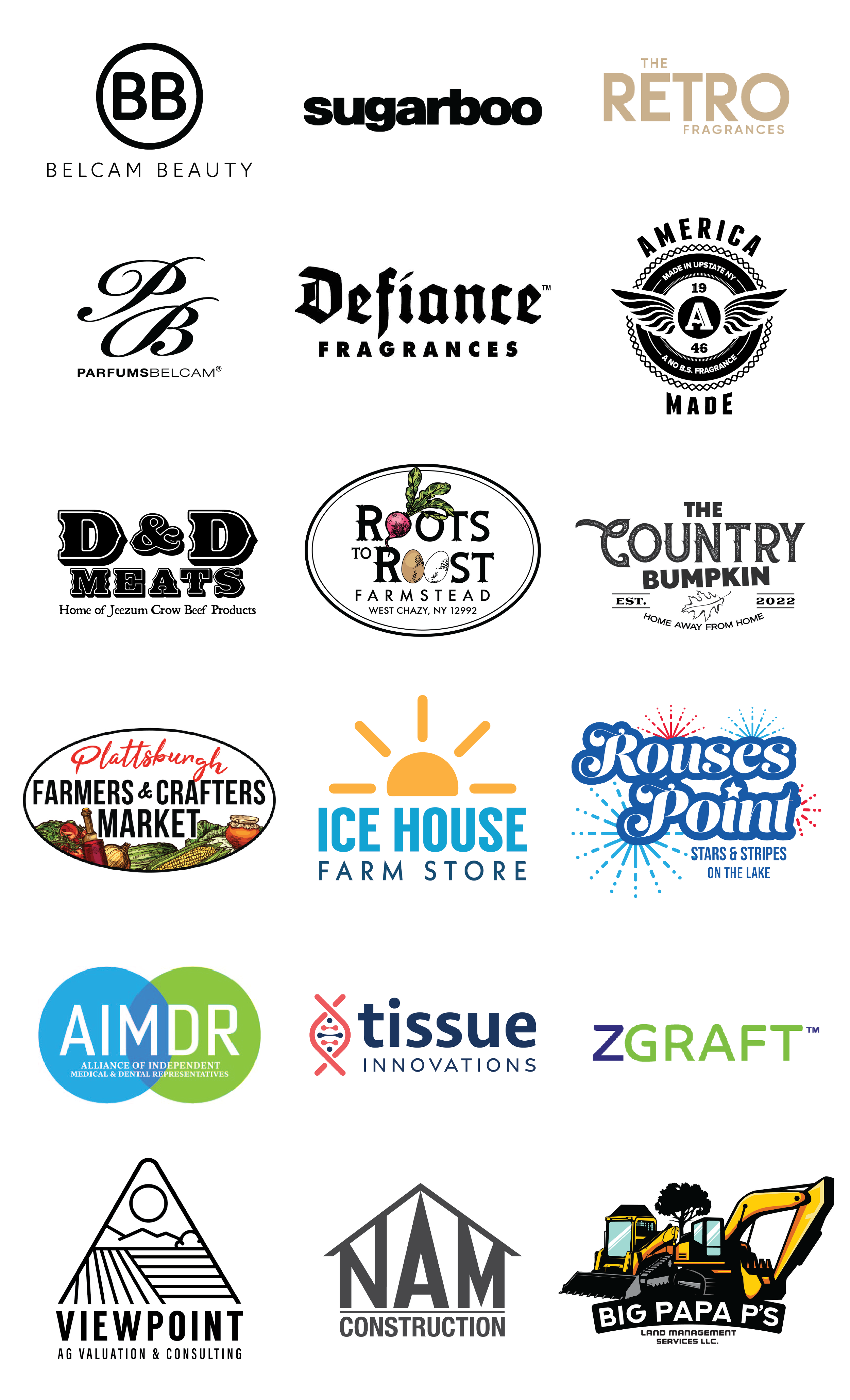 Collection of various business logos including brands like BB, Sugaboo, Retro Fragrances, BelCam Beauty, Defiance Fragrances, America Made, D&D Meats, Roots to Roast Farmstead, The Country Bumpkin, Farmers & Crafters Market, Ice House Farm Store, Rouses Point, AIMDR, Tissue Innovations, ZGRAFT, Viewpoint AG Valuation & Consulting, NAM Construction, and Big Papa P's Land Management Services LLC.