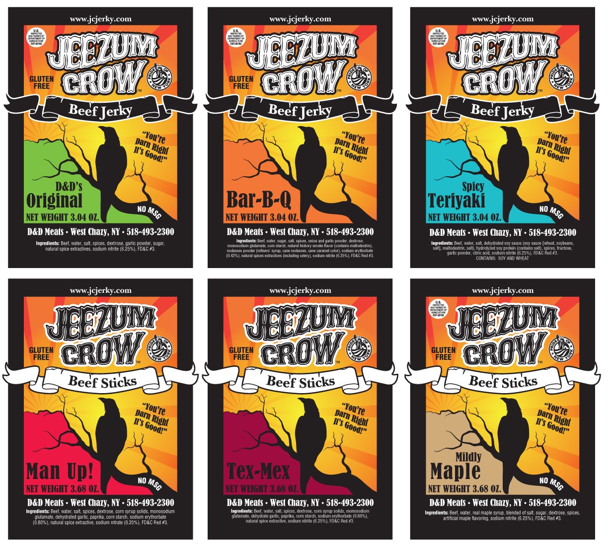 Six packages of Jezuzm Crow beef jerky and beef sticks in assorted flavors: Original, Bar-B-Q, Spicy Teriyaki, Man Up!, Tex-Mex, and Maple, with colorful backgrounds and the silhouettes of a bird on a branch.