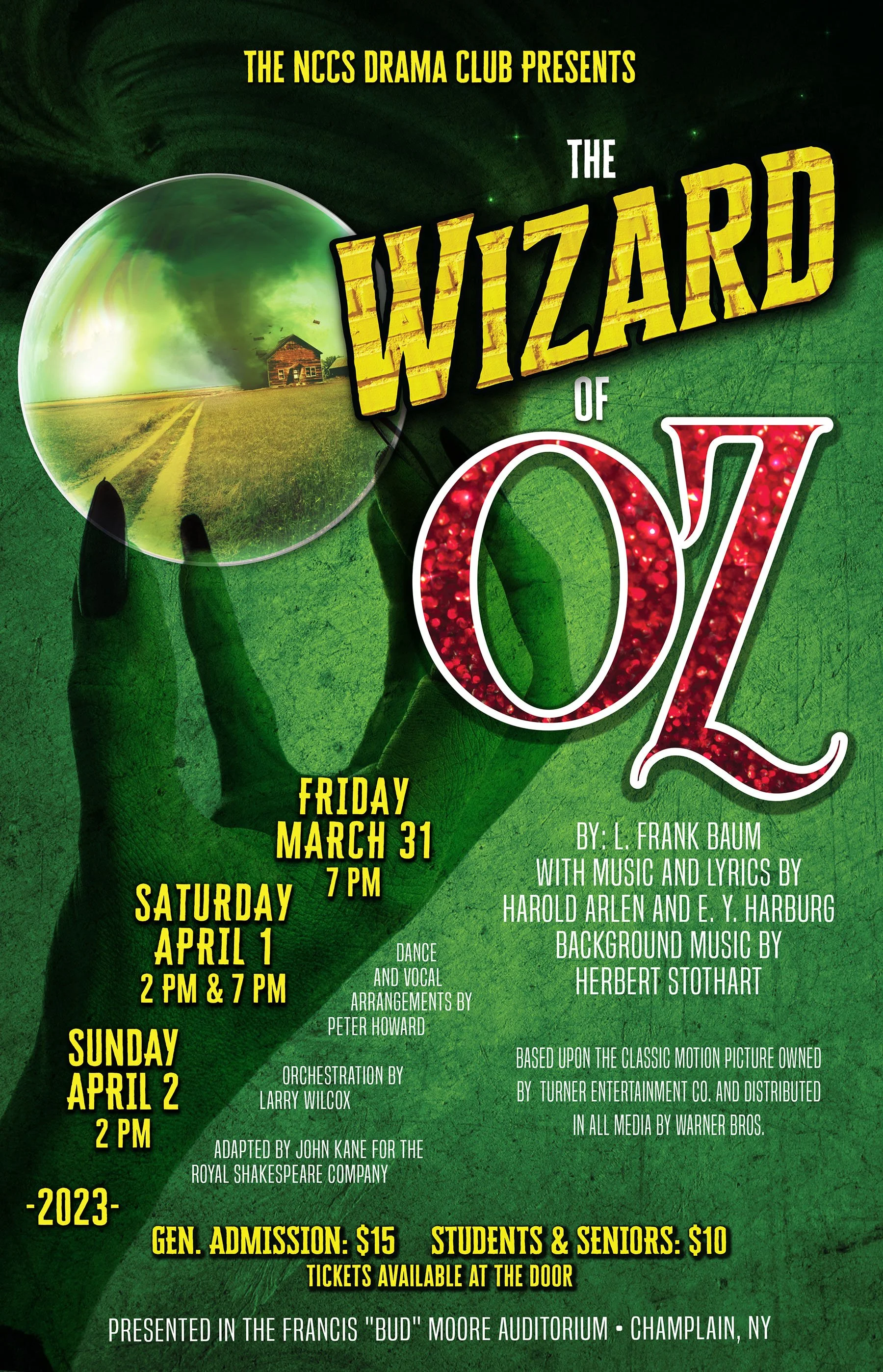 Event poster for 'The Wizard of Oz' presented by the NCCS Drama Club, featuring a green background, a large green-tinted magic lens, and colorful text with event details, dates, and credits.