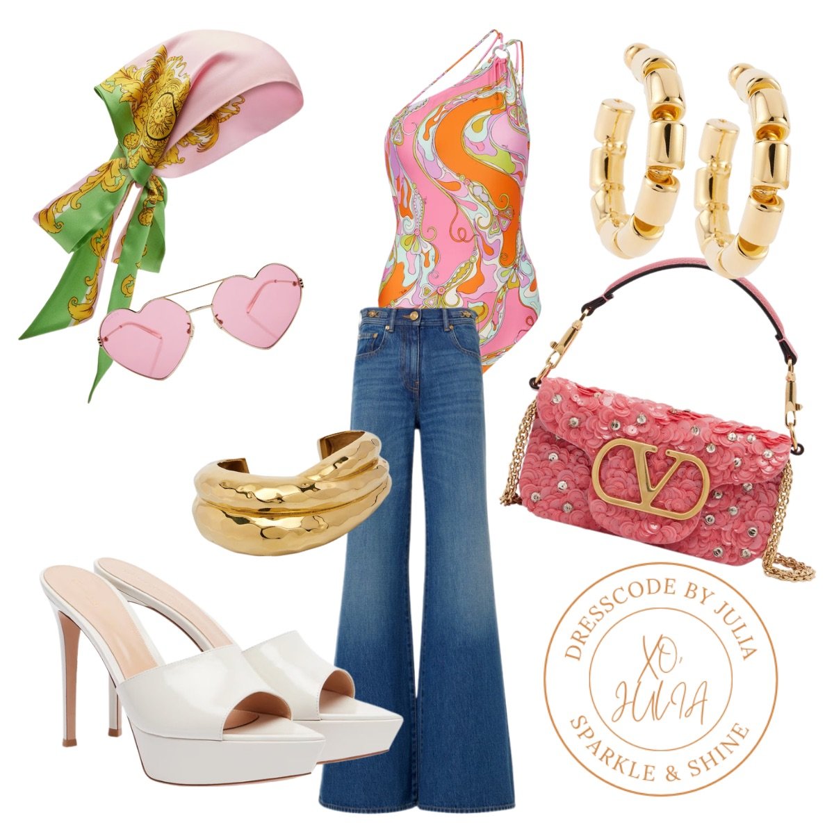 Fashion ensemble featuring pink oversized sunglasses, a multicolored swirling print top, wide-leg blue jeans, white high-heeled sandals, gold chunky jewelry, pink handbag with floral embellishments, and gold hoop earrings.