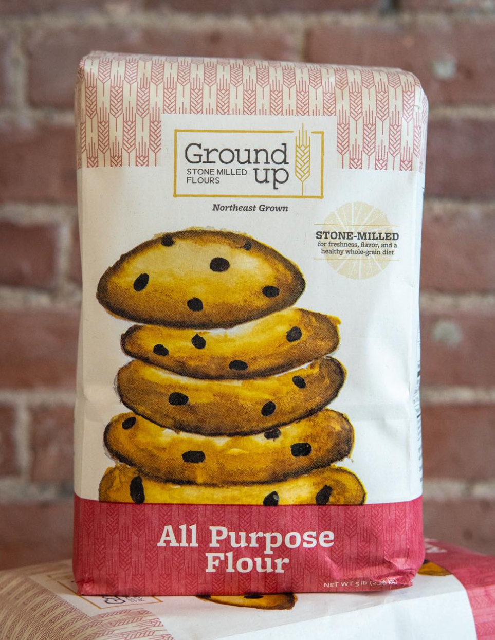 Photo of bag of all-purpose flour from Ground Up Grain Stone Milled Flours from Holyoke MA