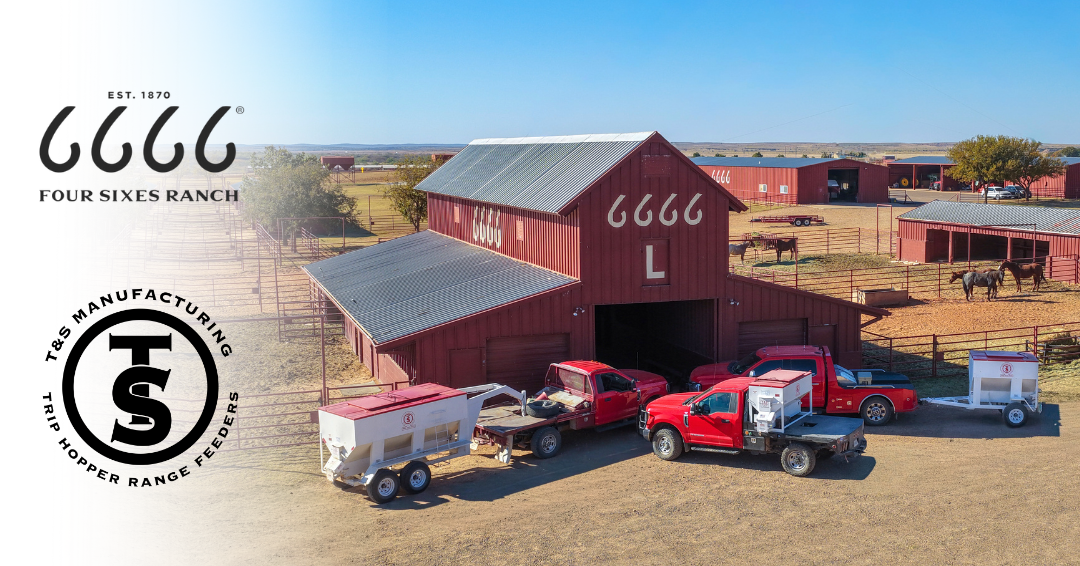 Trip Hopper cattle feeder units in front of the 6666 Ranch L Barn in Guthrie, Texas