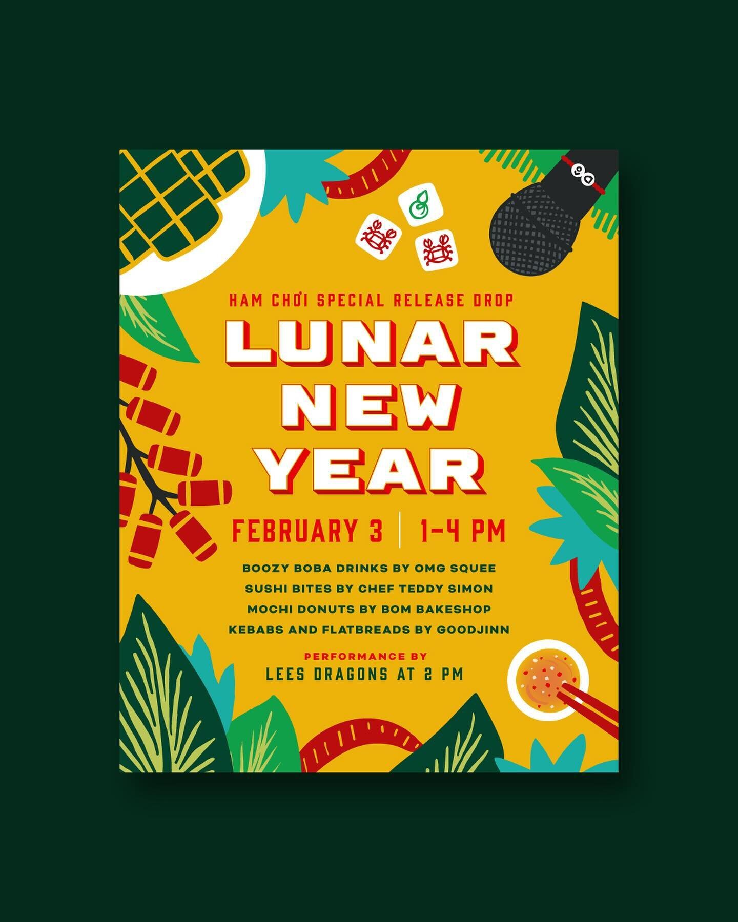 Poster design for @fiercewhiskers Lunar New Year event, next Saturday, February 3! The artwork features traditional food: b&aacute;nh t&eacute;t, firecrackers 🧨, gambling game: bầu cua 🎲, and the classic activity: karaoke 🎤 

I dug a photo out of 