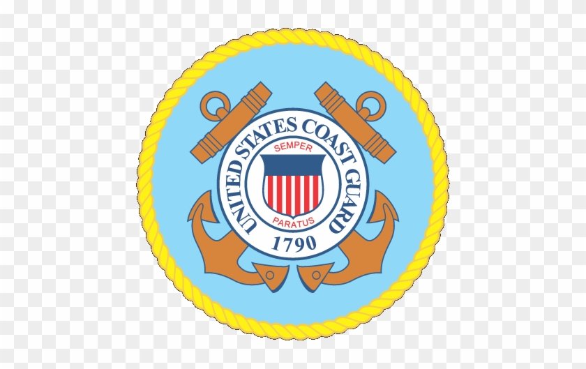 Seal of the United States Coast Guard featuring two crossed anchors, a shield with red and white stripes, and the motto 'Semper Paratus'.