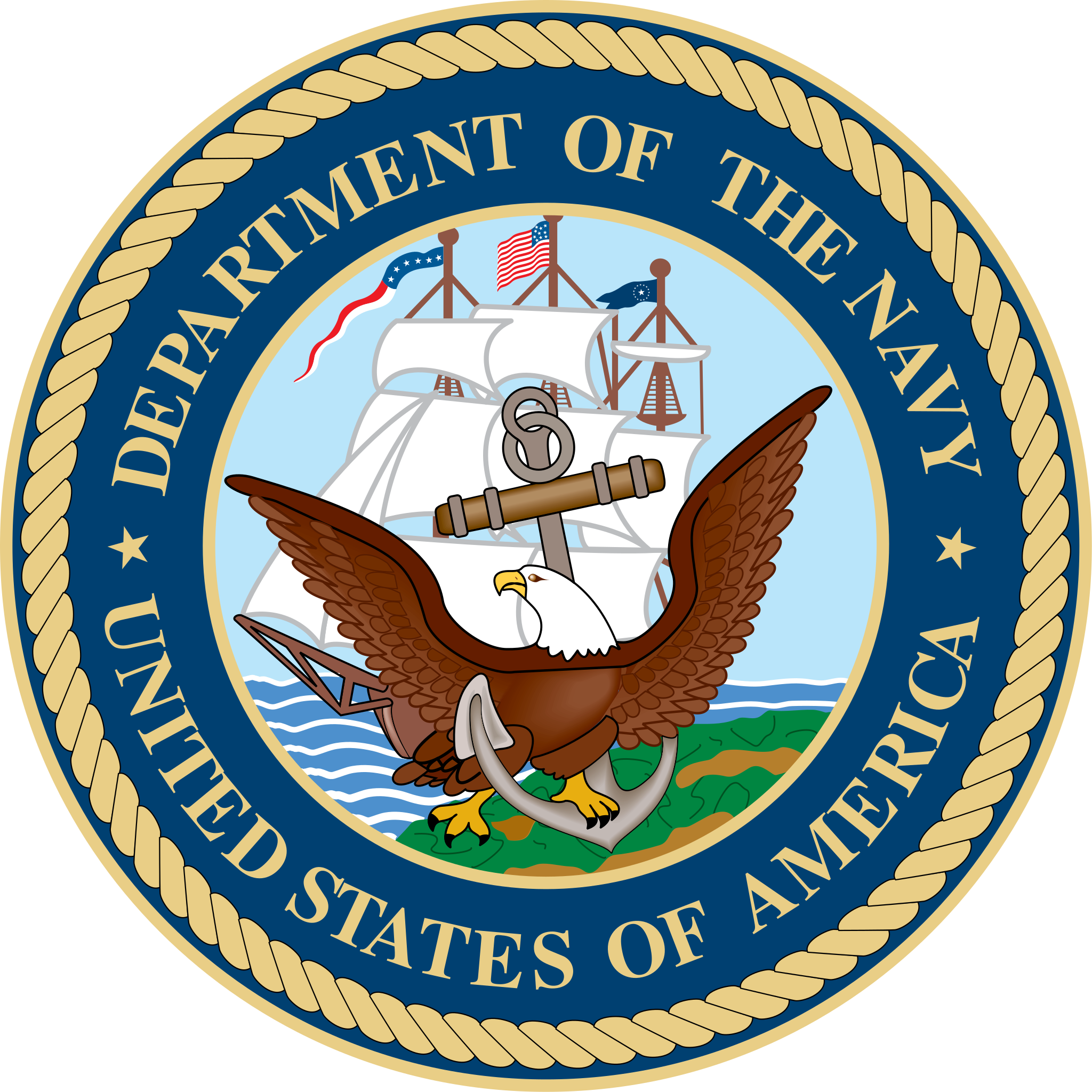 Seal of the United States Navy featuring a bald eagle clutching an anchor, set against a background of a ship and flags, with a navy blue border inscribed with the text "Department of the Navy" and "United States of America."