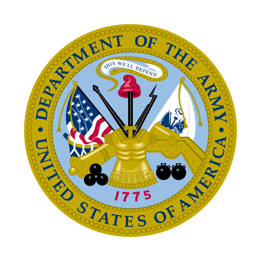 Seal of the United States Department of the Army, featuring flags, cannons, and the year 1775, with the words "This we'll defend" on a banner.