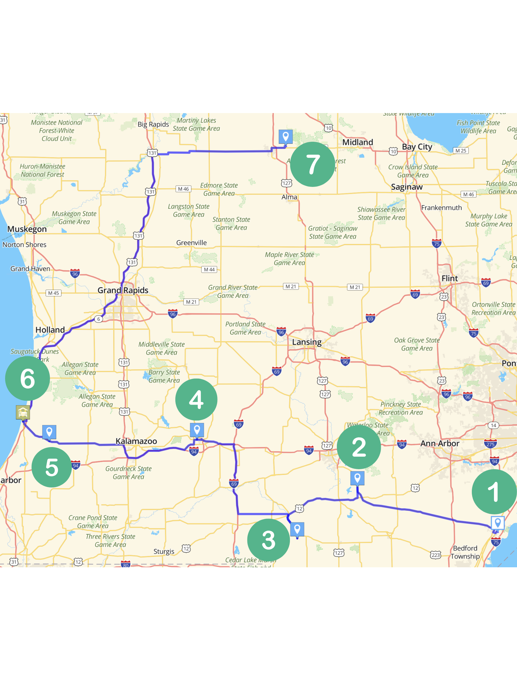 Map of Michigan showing a route with numbered markers from the southeast to the northwest, passing through cities and towns including Ann Arbor, Kalamazoo, Grand Rapids, Muskegon, and Big Rapids.