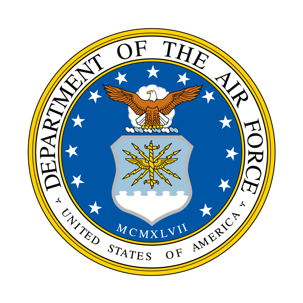 Seal of the U.S. Department of the Air Force, featuring an eagle, a shield with lightning bolts, and a banner with Roman numerals MCMXLVIII.