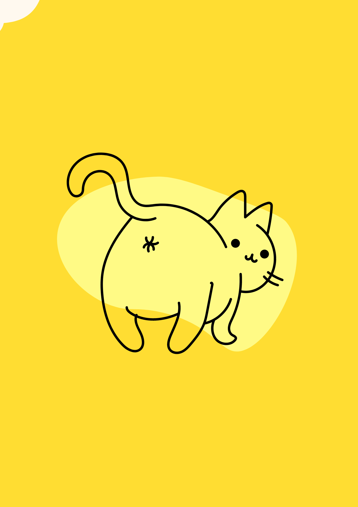 Simple black line drawing of a cute cat with a tail curled up, set against a bright yellow background with abstract yellow shapes.
