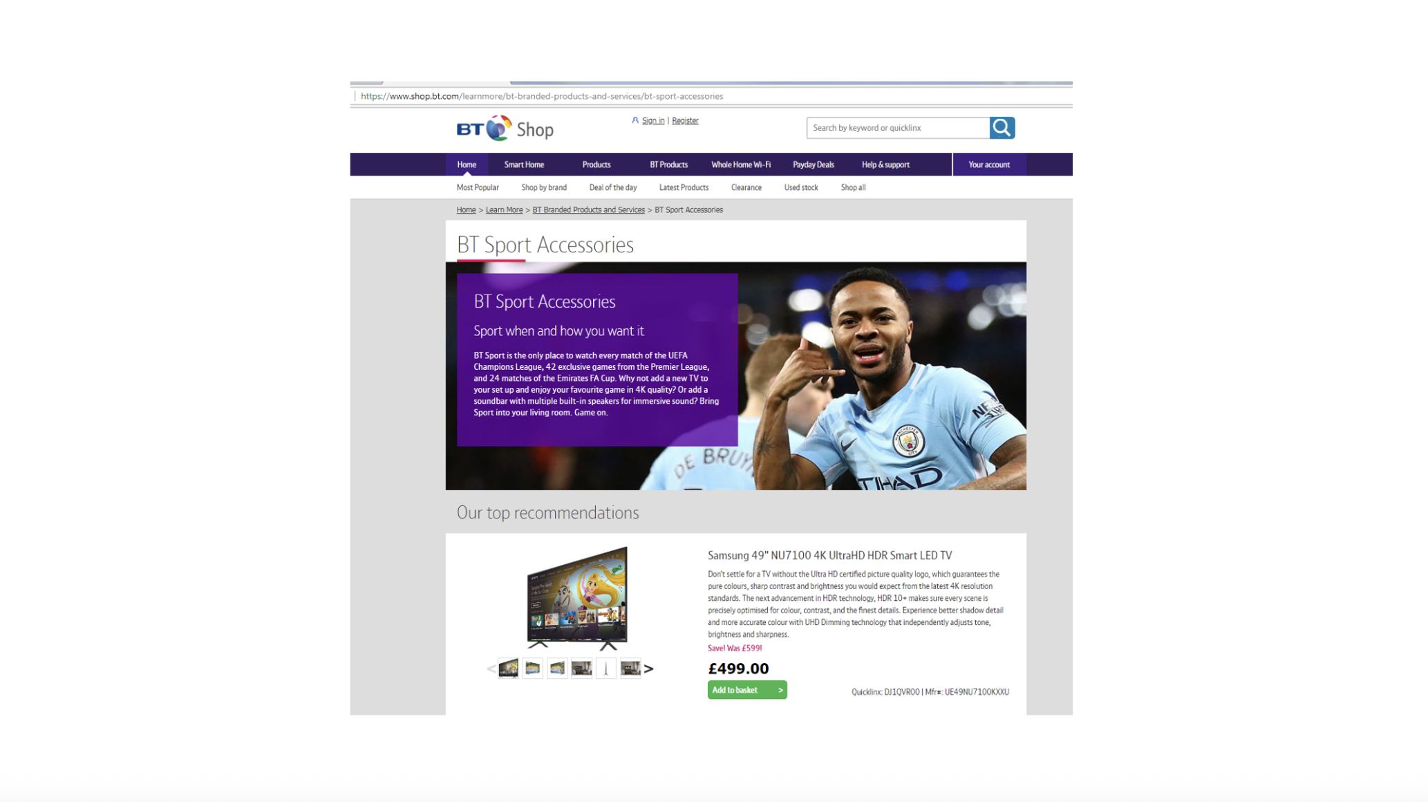 Landing page for BT Sport customers