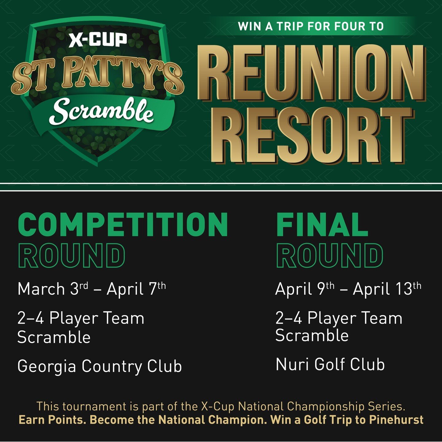Luck favors the bold at the X-Cup St. Patty's Scramble! 🏆🍀 Secure your spot now and compete for a chance to win an epic trip for four to Reunion Resort. Don't miss out&mdash;register today!

#XGolf #StPattysScramble #IndoorGolf #XCup
