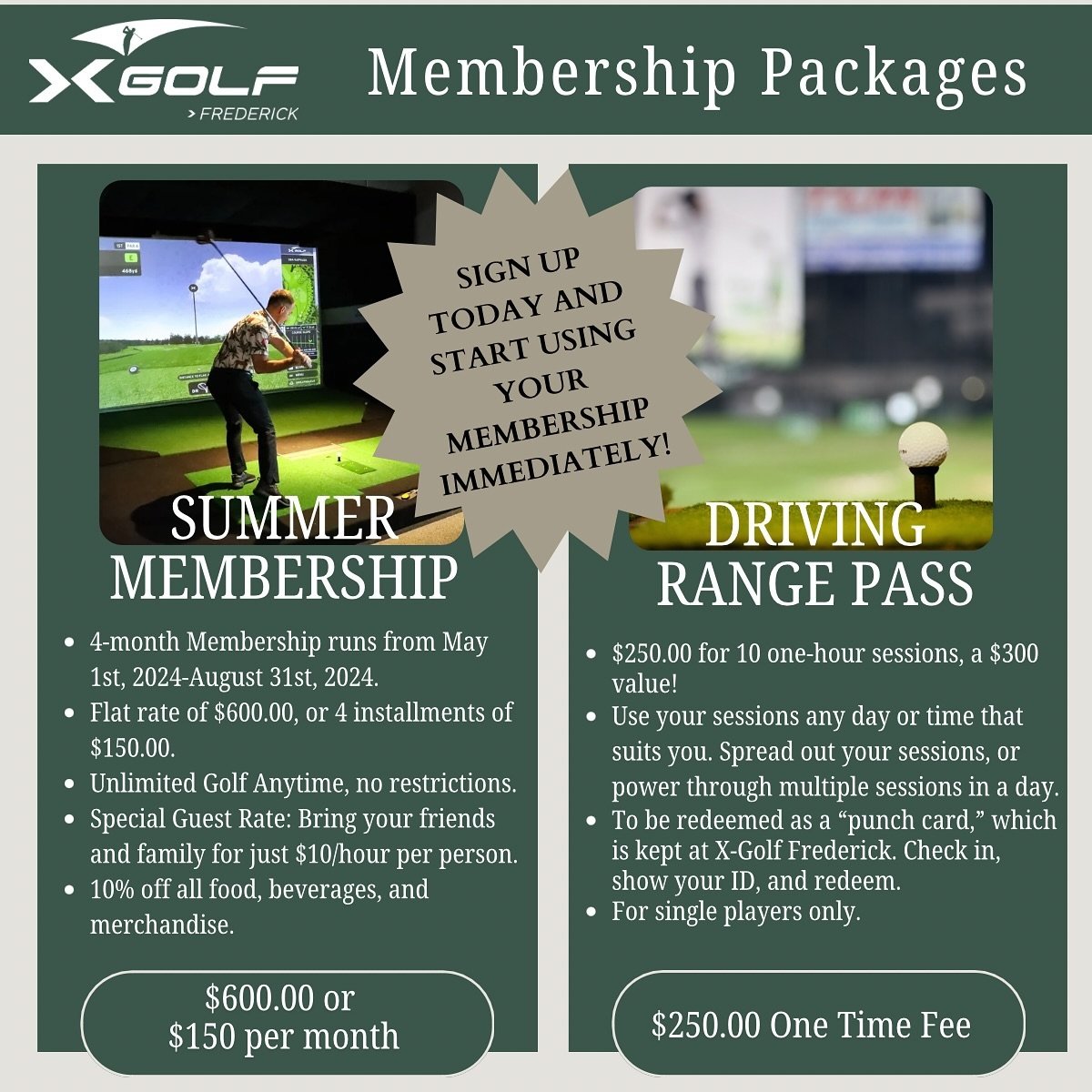 🏌️&zwj;♂️ Swing into summer with style at X-Golf Frederick! Whether you&rsquo;re aiming to perfect your putt or just starting your golf journey, our memberships have you covered. Choose from unlimited golf with our Individual Summer Membership or ma