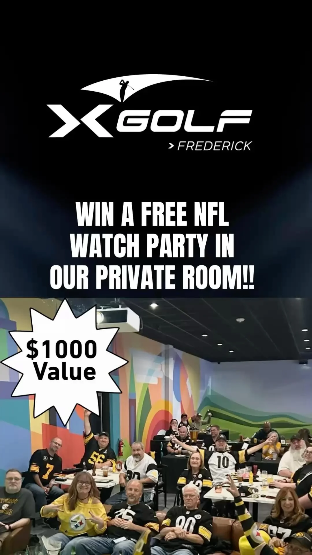 🏈 NFL Watch Party Giveaway! 🏈
We’re giving away the ultimate Sunday football experience at X-Golf Frederick! One lucky winner will score 4 HOURS in our private room (up to 30 guests!) during a 1PM or 4PM NFL regular season game.
💥 Prize incl