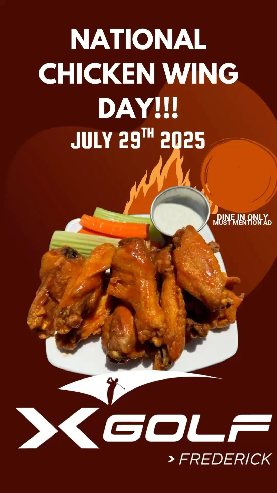 🐔🔥 Tuesday, July 29 is National Chicken Wing Day, and we’re celebrating with 50% OFF wings all day at X-Golf Frederick — dine-in only!
🏆 We’ve been nominated for Best Wings in Frederick — come give them a shot before votin