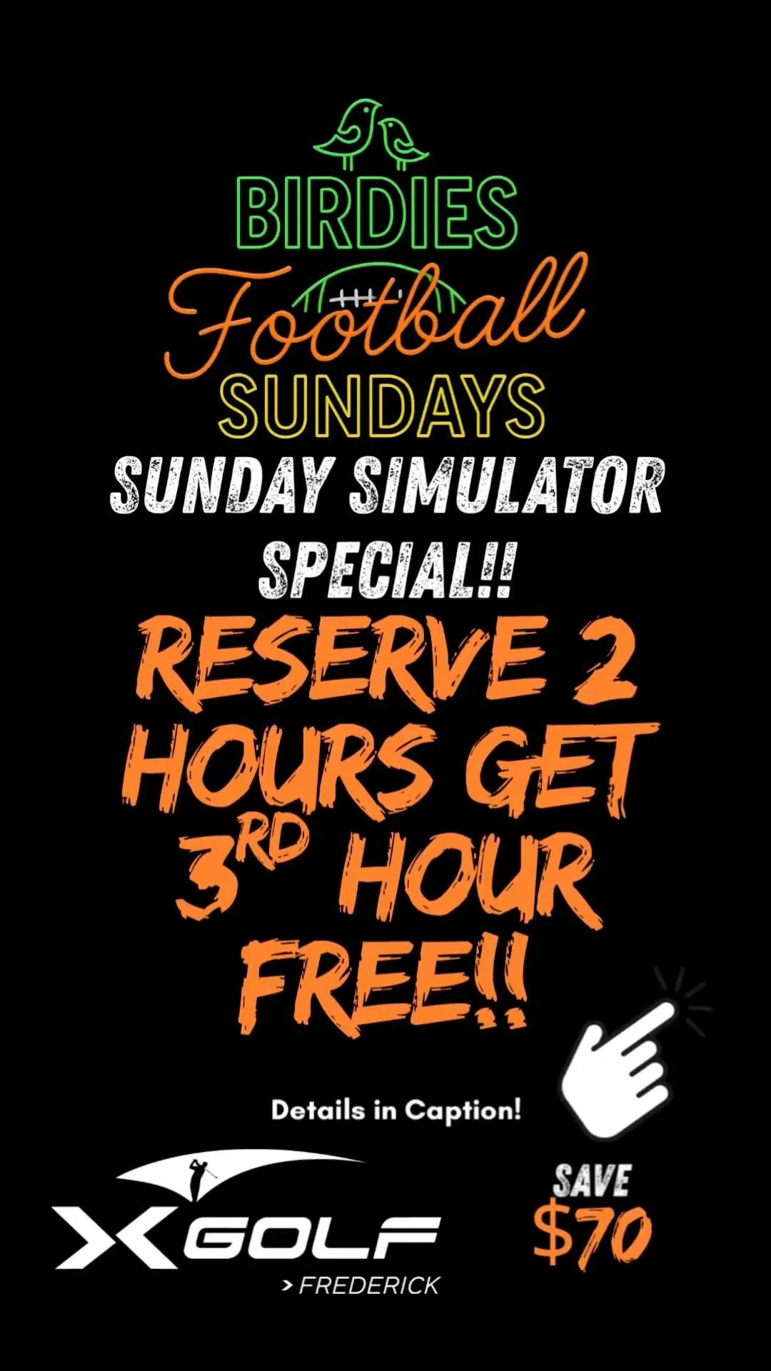 ⏱️ 3 hours of golf ⛳️ = pay for 2.
Book your 3-hour reservation and your server will comp the last hour — $70 in savings! Sunday only.