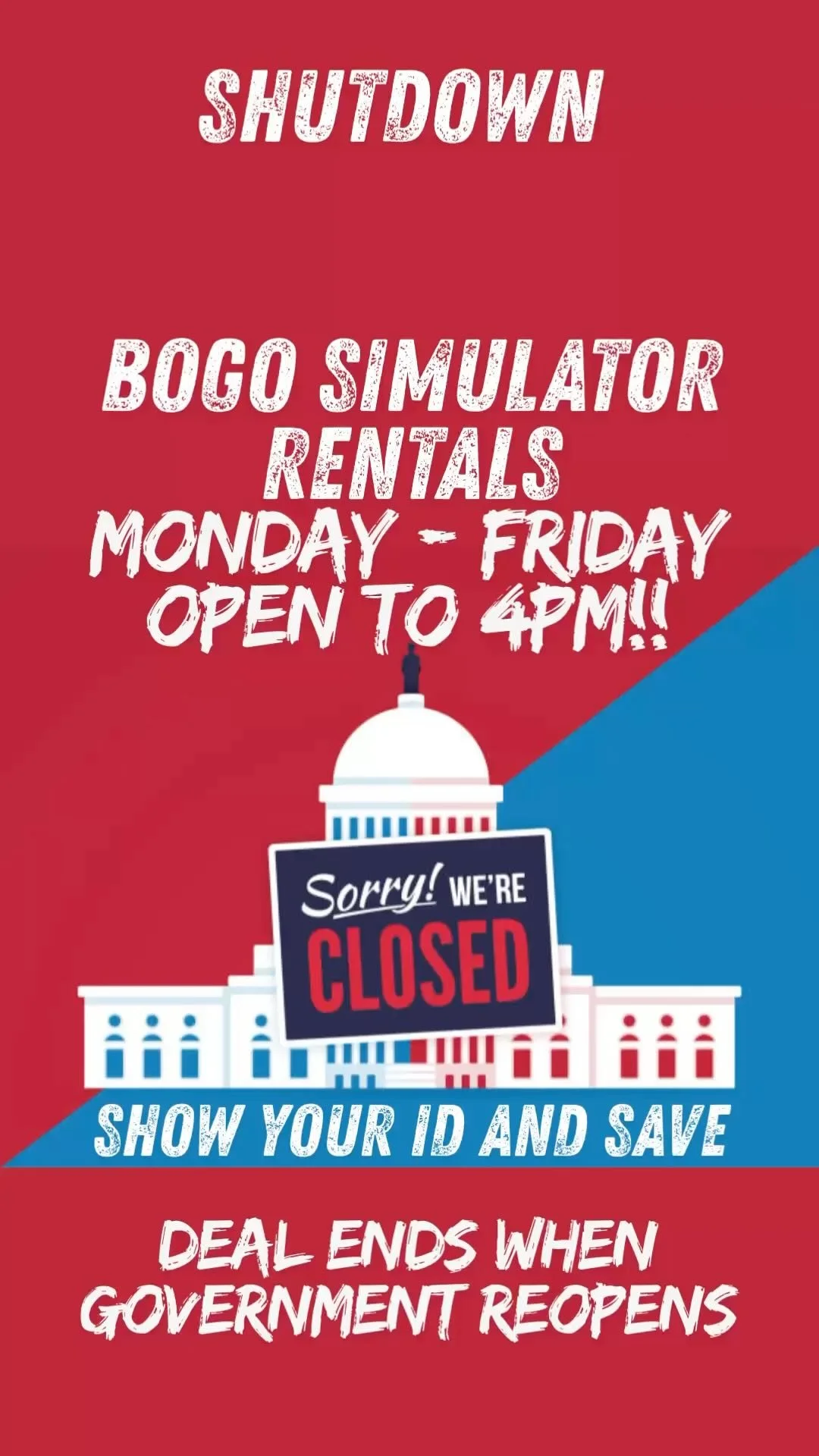 Government shut down? Time to tee up! ⛳️
All government employees get BOGO simulators Monday–Friday before 4 PM.
Just show your ID and we’ll hook you up.
Deal ends when Uncle Sam clocks back in 🇺🇸
Must mention the post and have governm