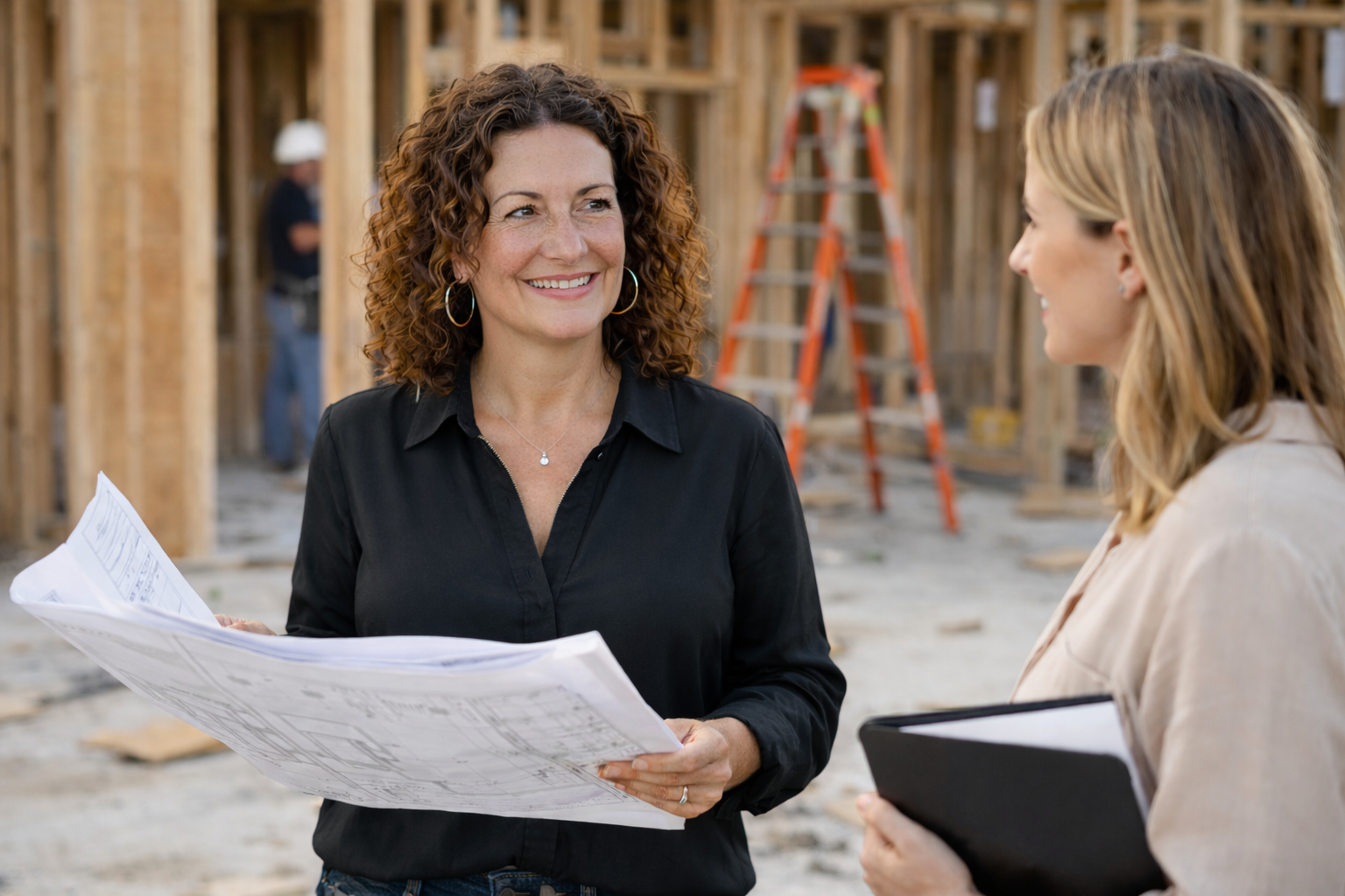 Two women talking on a construction site, holding blueprints and a clipboard, with building framing and a ladder in the background.
