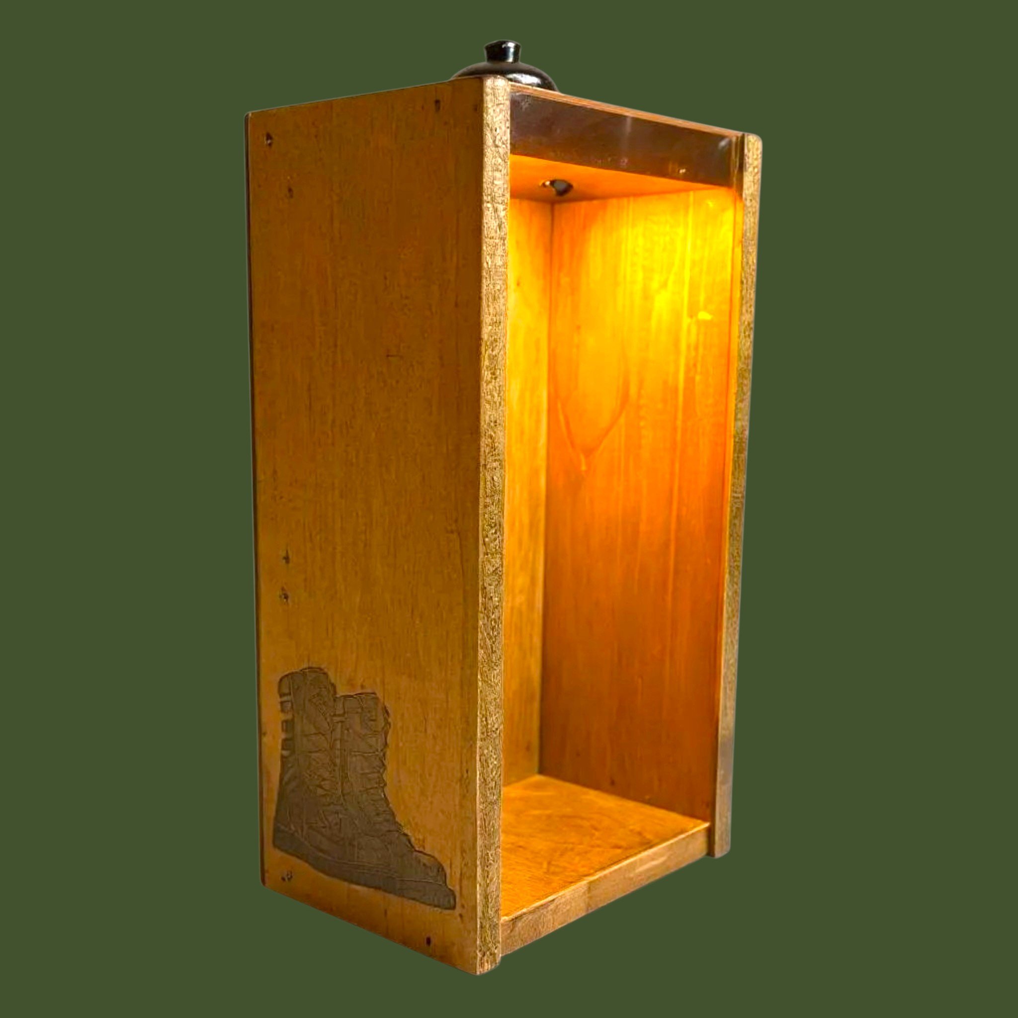 Green Light Tribute; Handcrafted Wooden Light Box with Laser engraved Military Boots