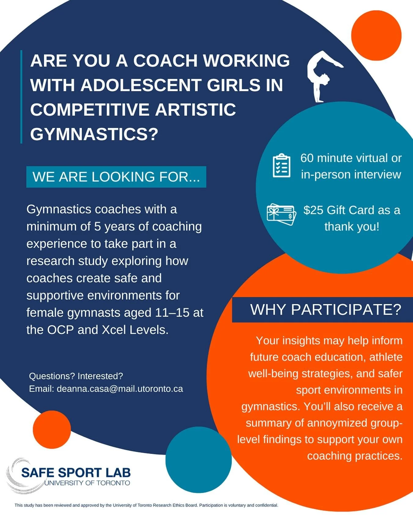 🚨Call for participants!🚨

We are currently recruiting Women&rsquo;s Artistic Gymnastics Coaches working with female and girl athletes ages 11-15 at the OCP or Xcel levels to participate in a research study on safe and supportive gymnastics environm