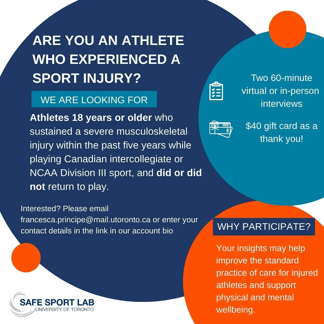 🚨 Call for participants! 🚨

We are currently recruiting athletes who have sustained a sport injury, whether they did or did not return to play. We are hoping to understand athletes&rsquo; experiences of recovery and support to learn how we can best