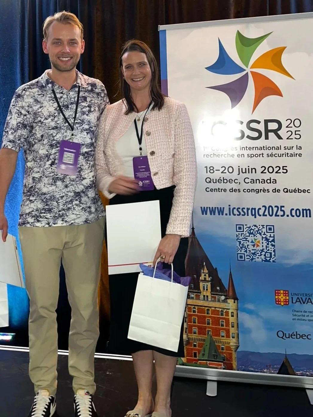 Thomas Leaf (left) and Erin Willson (right) from the Safe Sport Lab at U of T won awards for their research at the ICSSR conference in Quebec City, July 18-20, 2025. 