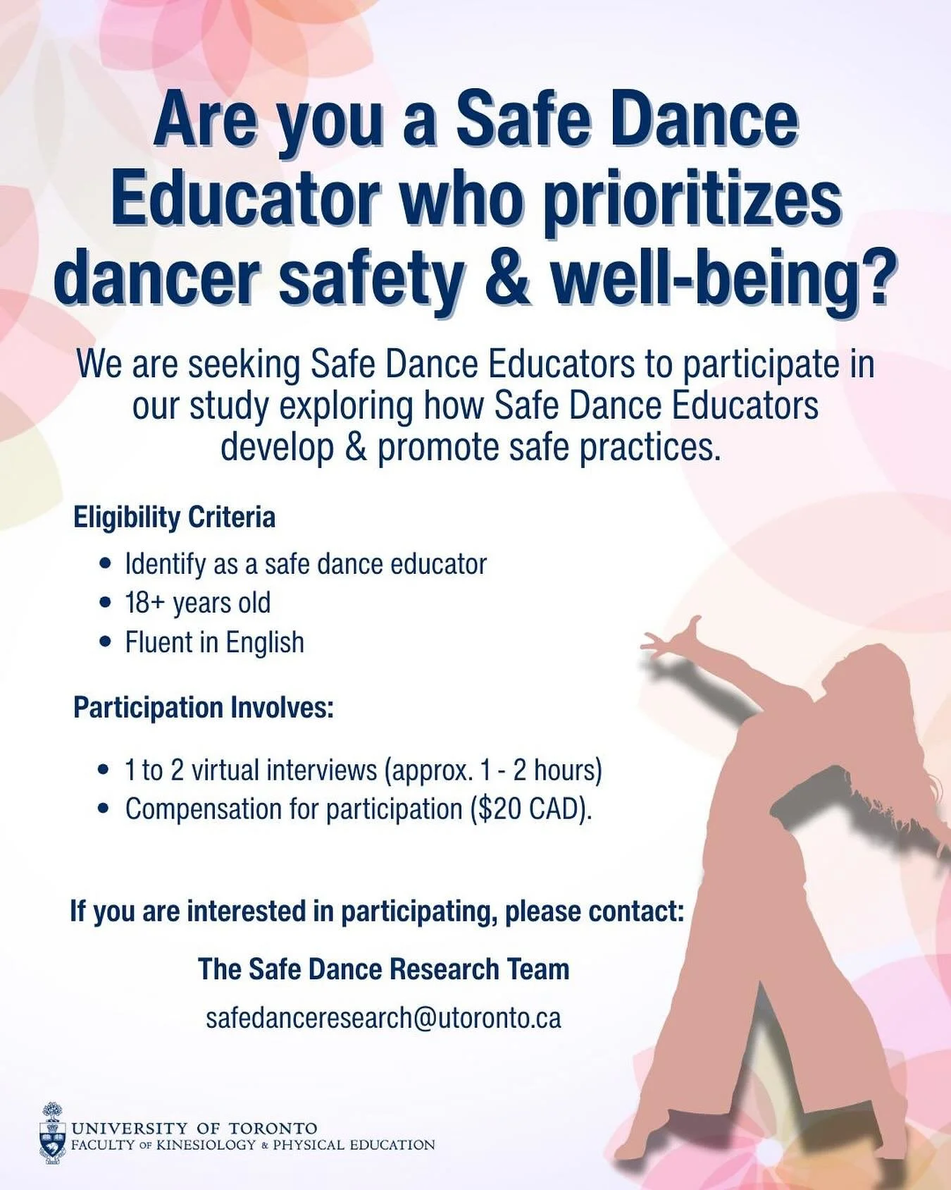🚨New Study Alert🚨 

Study Purpose: To understand how safe dance educators come to form, conceptualize, and maintain their professional identities and promote the holistic health, safety, and well-being of dancers in their teaching practices.

Eligi