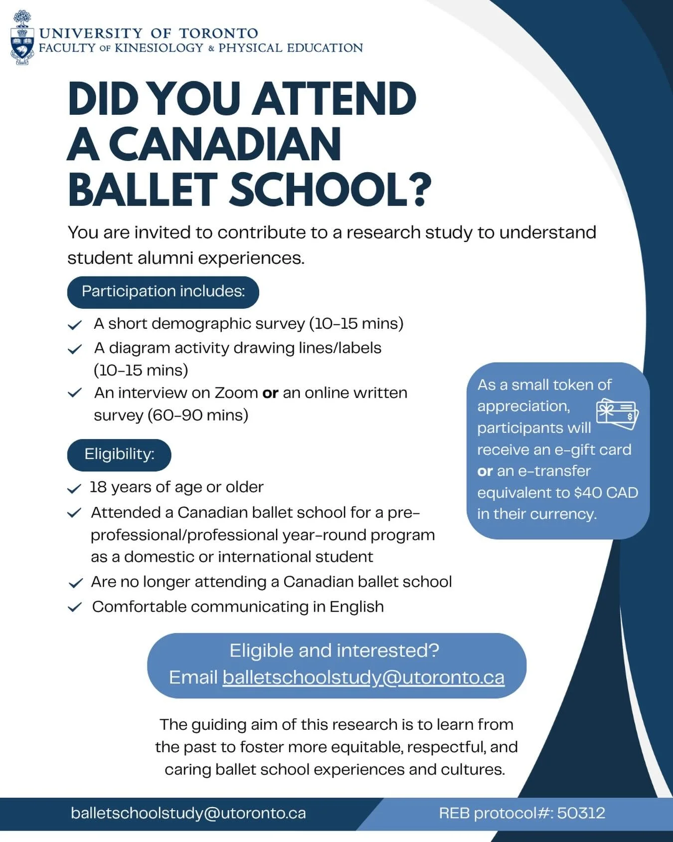 📢 Seeking participants for a new study! 

🔄 We are interested in hearing from alumni who attended ballet school in different decades, those who are currently dancing or no longer dancing, and those who reside in Canada and elsewhere. Please feel fr