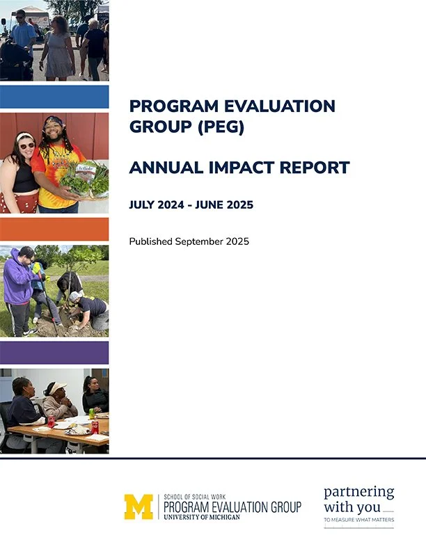Annual Impact Report cover with PEG logo and four project photos of happy clients