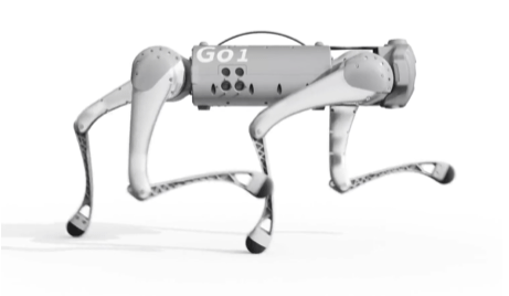 Robotic dog with four legs and a cylindrical body labeled G01, set against a white background.