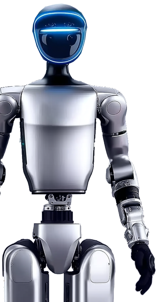 Silver humanoid robot with a blue-lit faceplate, standing upright with one arm extended.