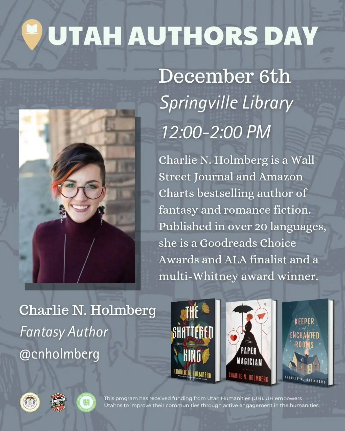 I'll be at the Springville Library for Utah Author's Day on Saturday, December 6th! Come visit me and two dozen other authors, shop for Christmas, get your books signed, or just say hi. ⁣
⁣
(I may or may not have ARCs of 𝘛𝘩𝘦 𝘏𝘢𝘭𝘧-𝘩𝘦𝘢𝘳𝘵𝘦?