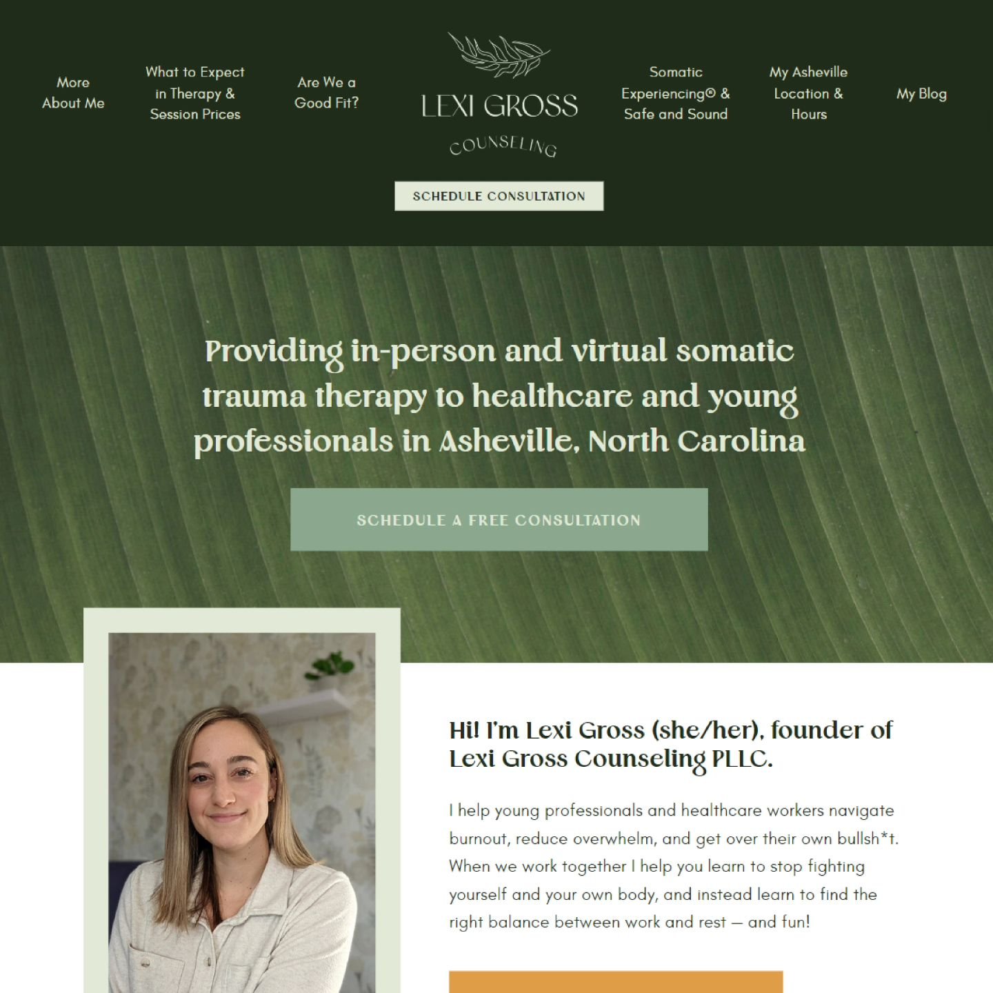 Lexi&rsquo;s website highlights her unique and important specialization in Somatic Experiencing&reg; (SE&trade;) based therapy for burnout, chronic pain, chronic illness, and trauma &ndash; as well as her love of nature and its role in therapeutic he