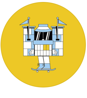 Logo stylisé d'un château de fête foraine avec drapeaux, sur un fond jaune.
