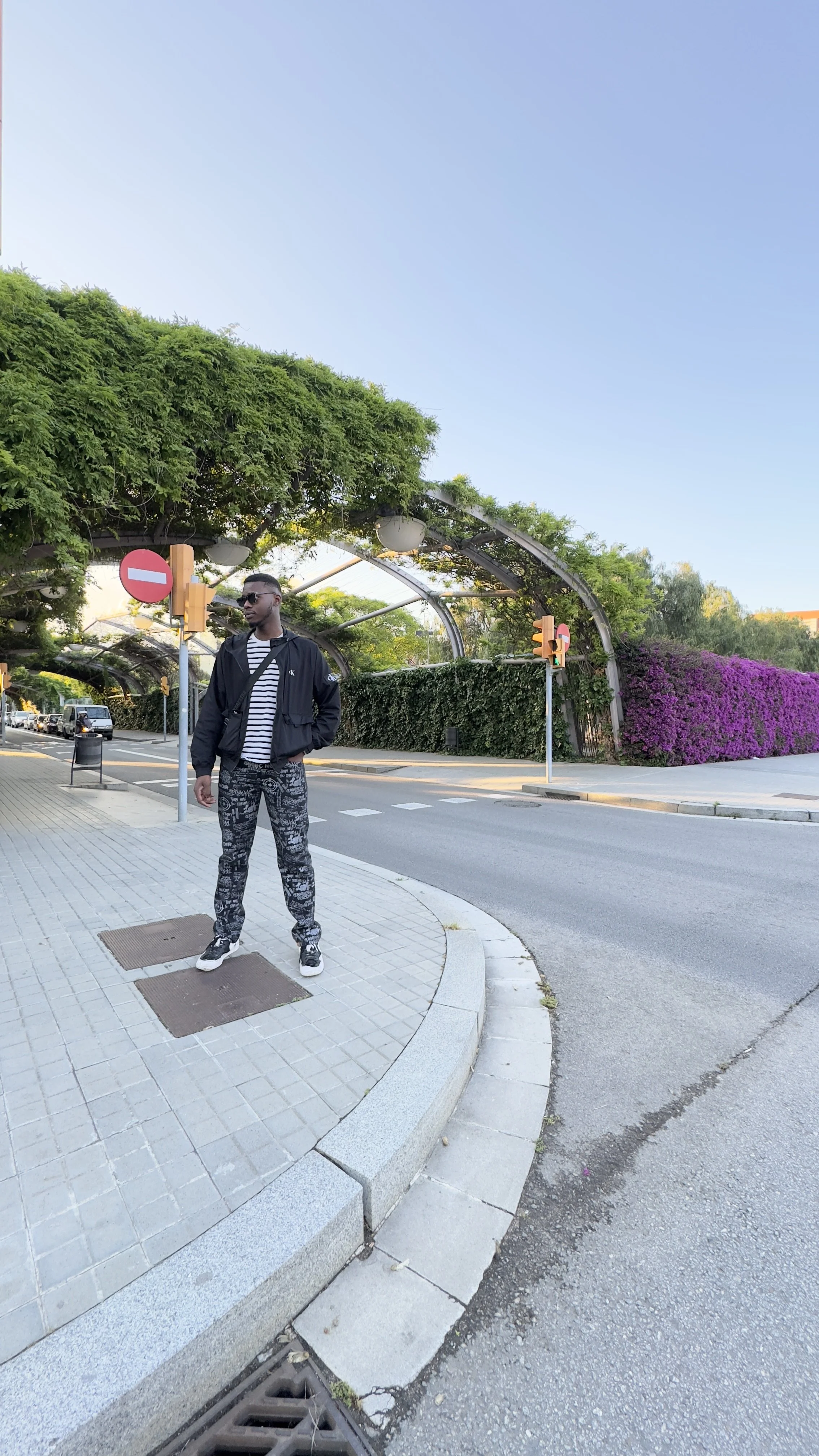 Prodige Mbonzo, se tient sur le trottoir à un carrefour avec des panneaux de Signalisation, sous un arc métallique recouvert de végétation, avec des buissons violets en arrière-plan.