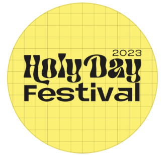 Logo du Holy Day Festival 2023, cercle jaune avec texte noir stylisé.