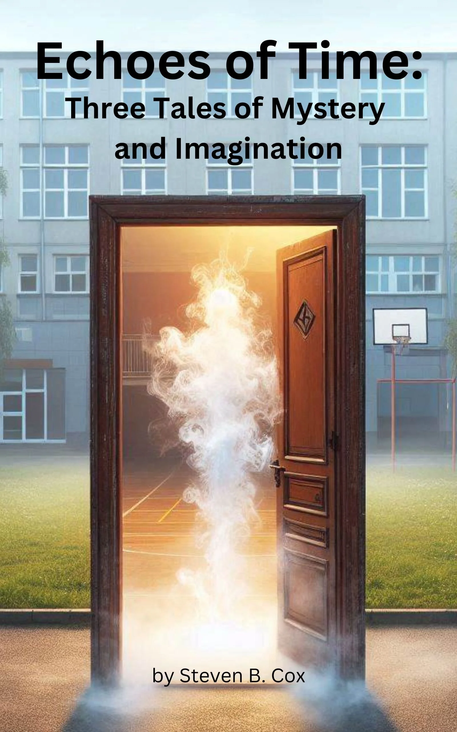 Open wooden door with bright light and smoke or mist emanating from inside a gymnasium or basketball court, with a school building and basketball hoop in the background.