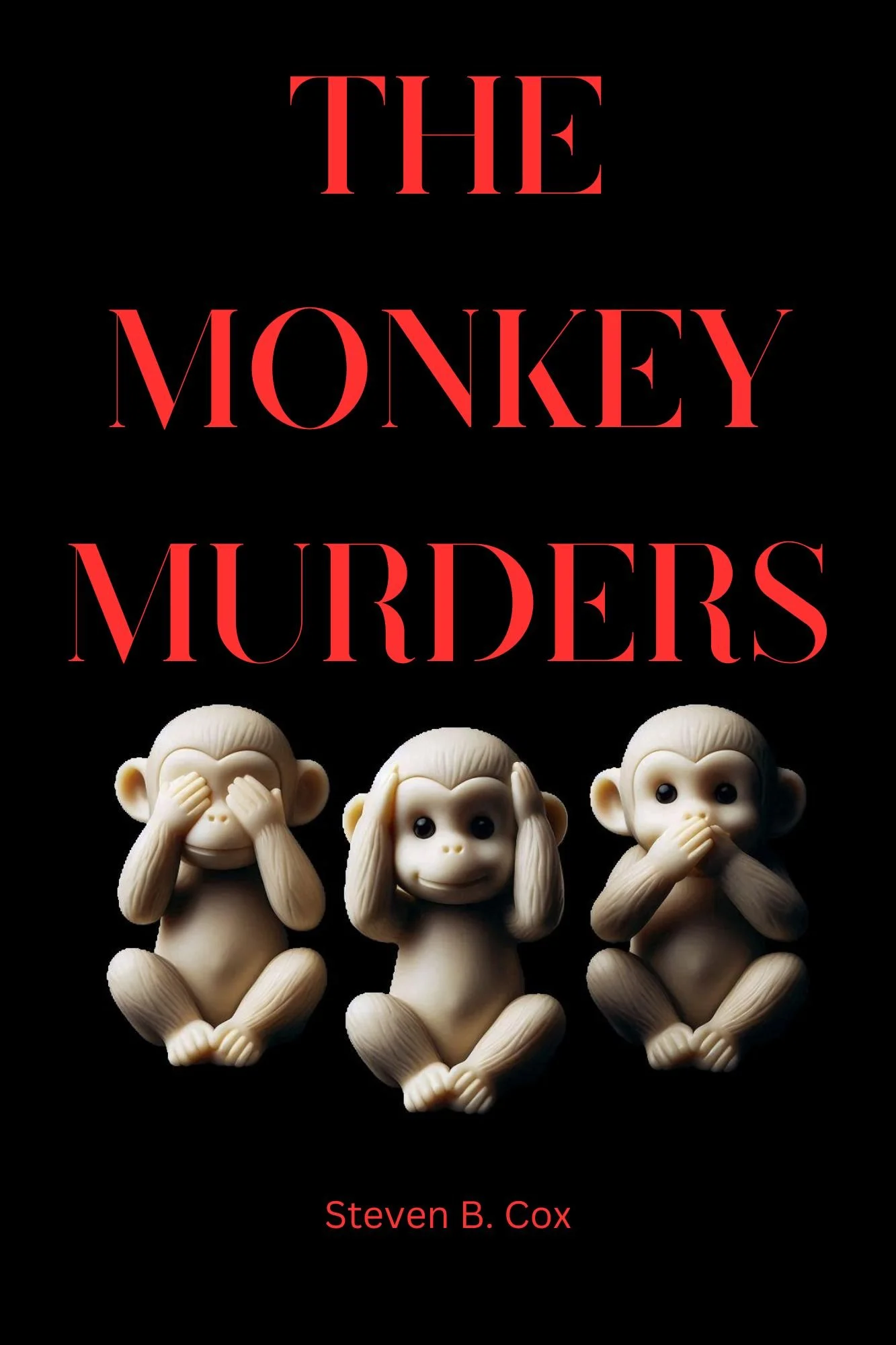Book cover titled 'The Monkey Murders' with three small plastic monkey figurines sitting in a row, covering their eyes, ears, and mouth respectively, against a black background.