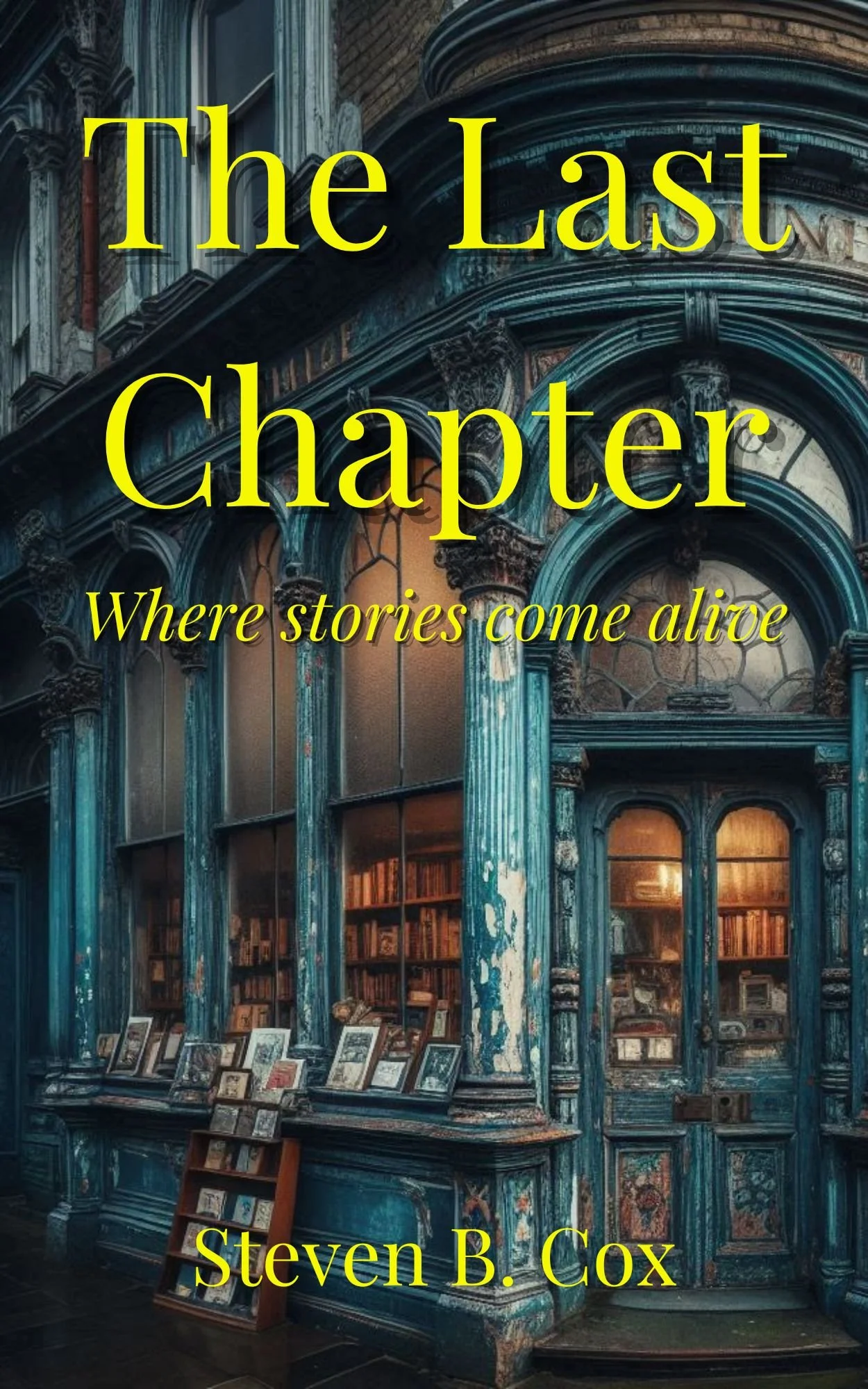 Bookstore with elaborate blue, gold, and brown decor, arched windows, and books displayed on shelves and a stand.