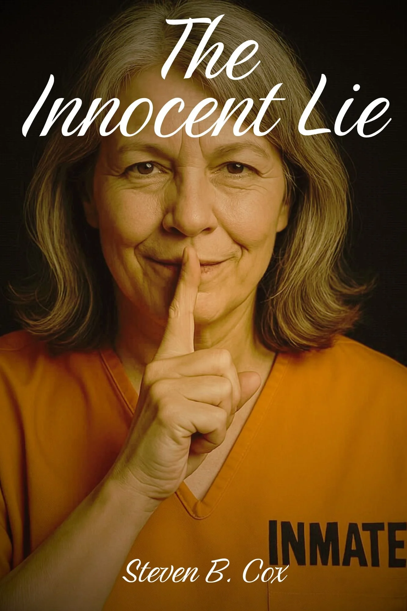 Book cover titled 'The Innocent Lie' by Steven B. Cox. Features a woman with shoulder-length hair making a shushing gesture with her finger to her lips.