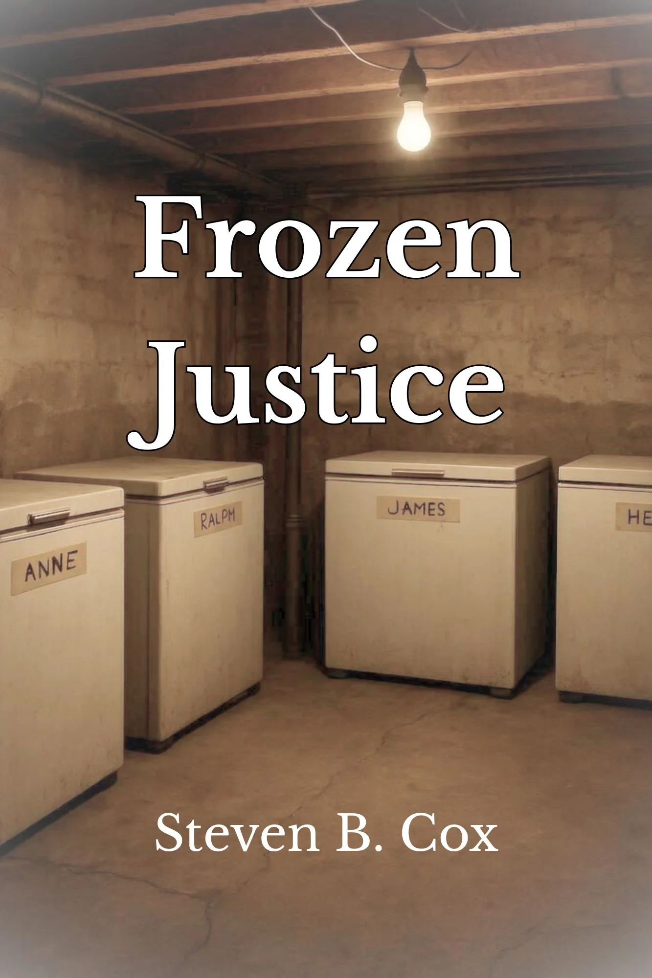 A basement room with a single lightbulb hanging from the ceiling. There are four chest freezers with names labeled on each, including Anne, Ralp, James, and Henk. Large text overlays the image with the words 'Frozen Justice' and 'Steven B. Cox'.