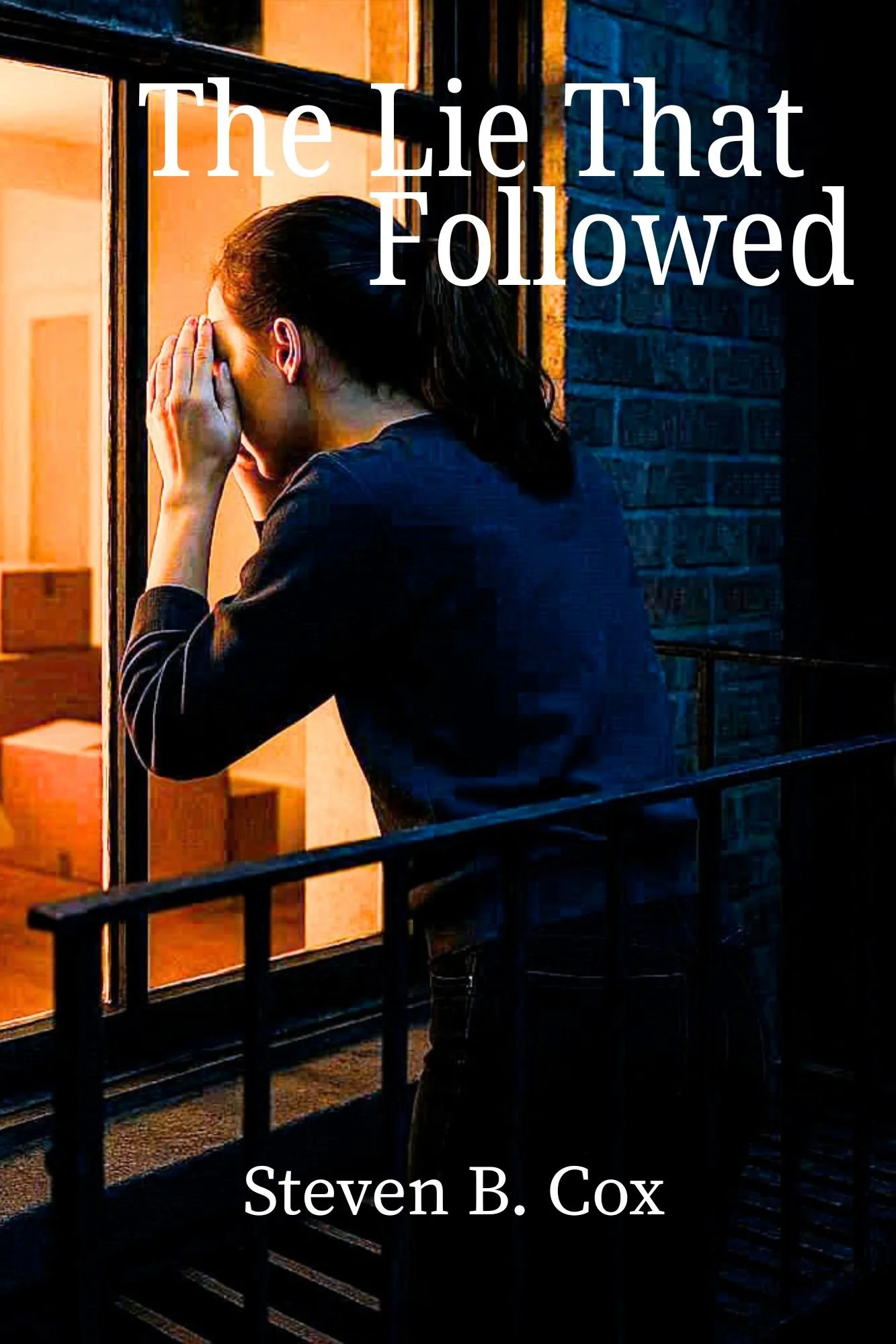 A woman with dark hair in a ponytail, wearing a dark top, stands in front of a window with her hands covering her face, looking distressed. The background shows a brick wall and a indoor setting with warm lighting.