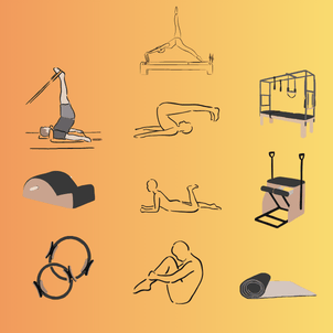 A collection of nine different exercise and Pilates equipment illustrations, including a reformer, a mat, and a wunda chair.