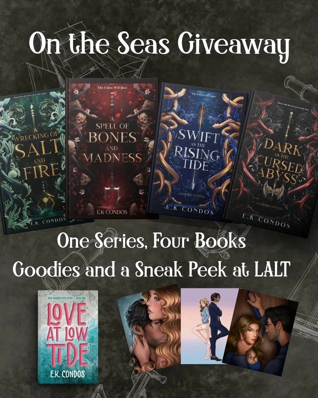 Want to win ALL FOUR released books in the Nostos series, a sneak peek at the first five chapters of Love at Low Tide, art from both series, a STARLING hat and more?!?

Join me for the epic on the seas schmivaway and fall in love with Ander and Tripp